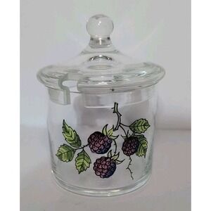 Vintage Jam Jar Clear Glass Condiment Preserve Pot Blackberry Jelly Hand-Painted